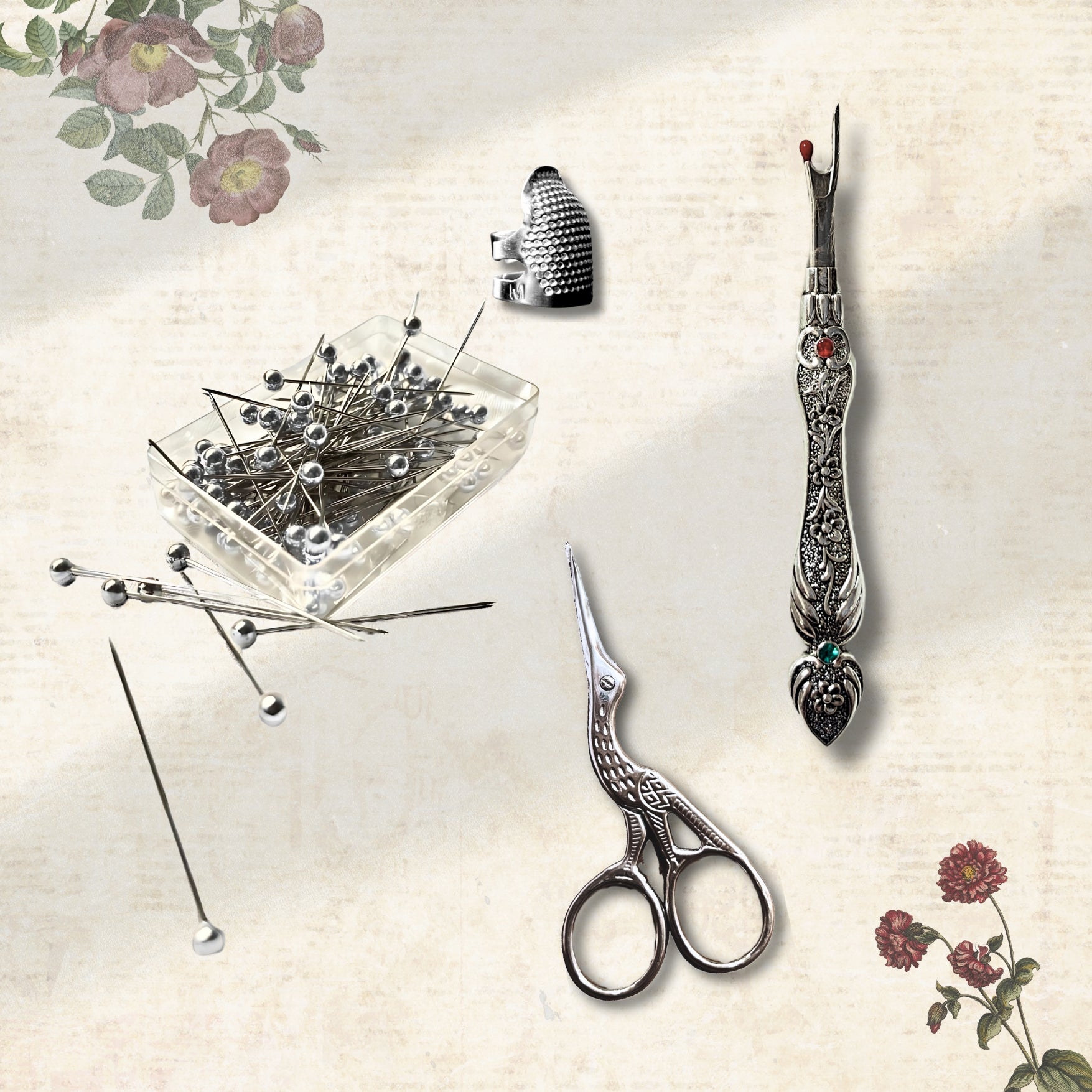 vintage sewing kit in silver