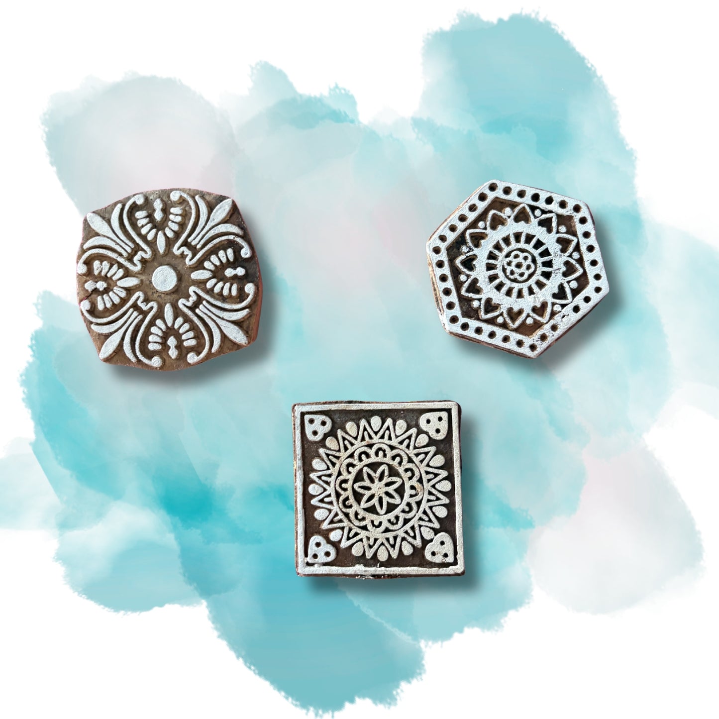 Floral Block Printing Blocks (Round + Square) - Set of 3