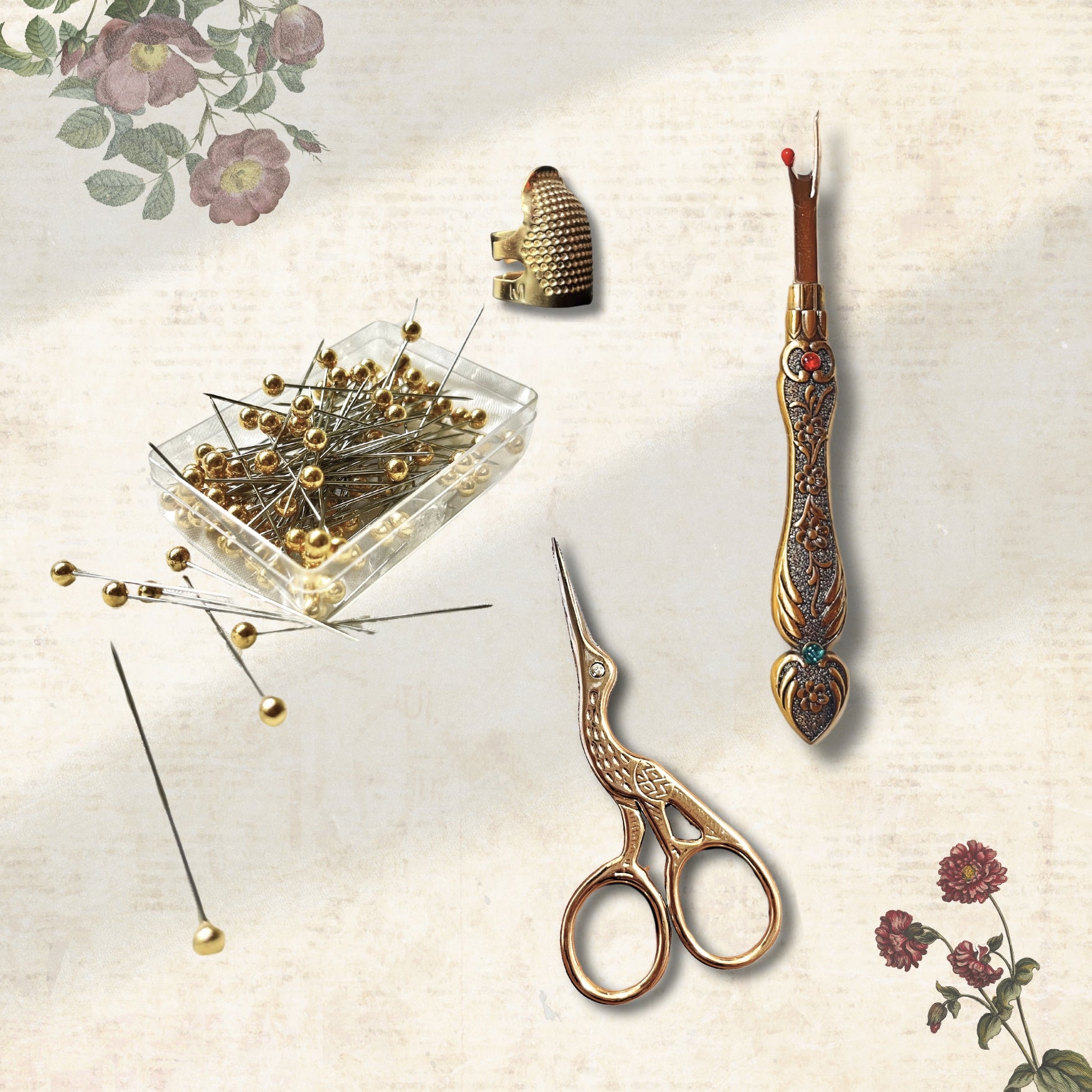 vintage sewing kit in gold