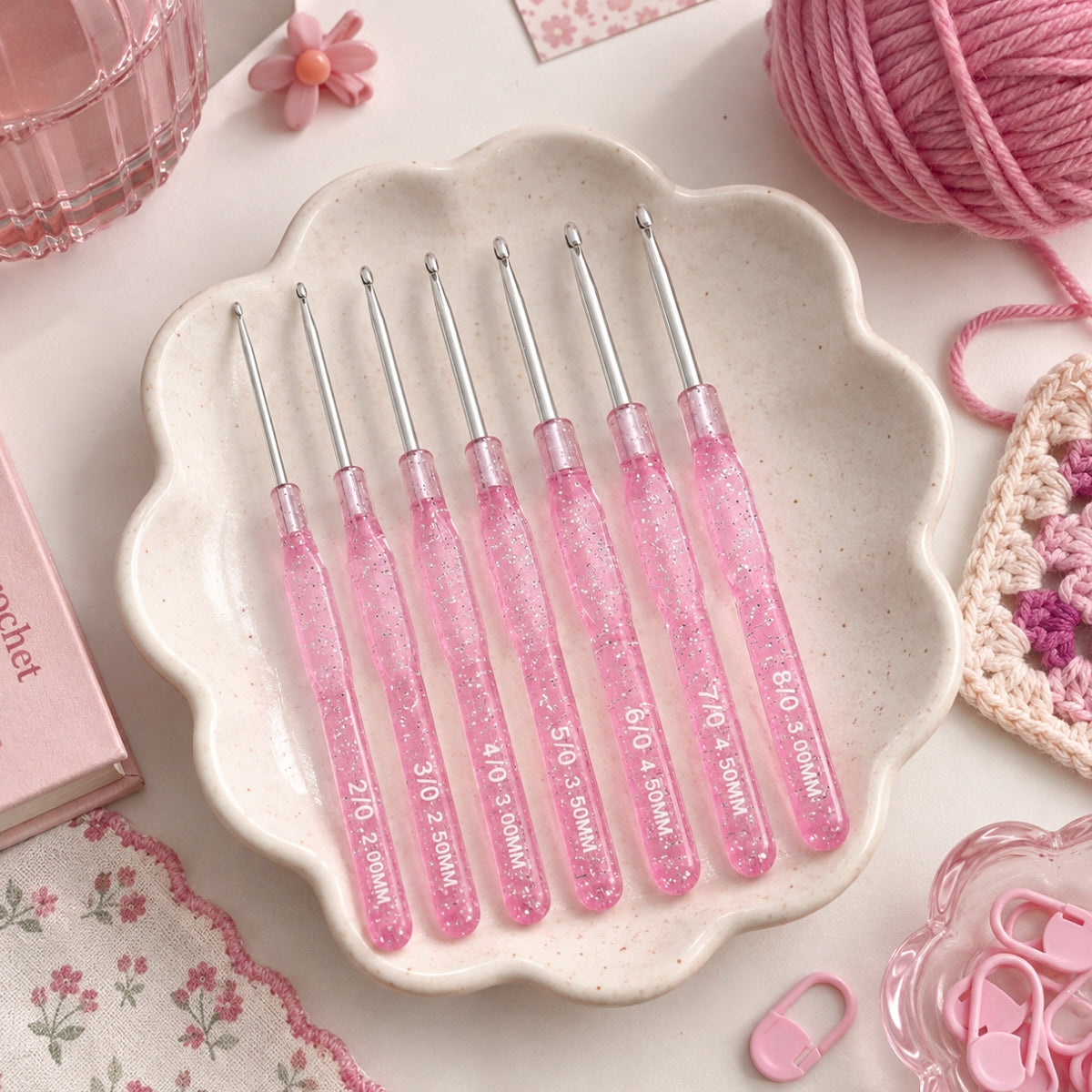 Lightweight Glitter Pink Crochet Hook Set (Set of 7 , 2.0mm - 8.0mm)