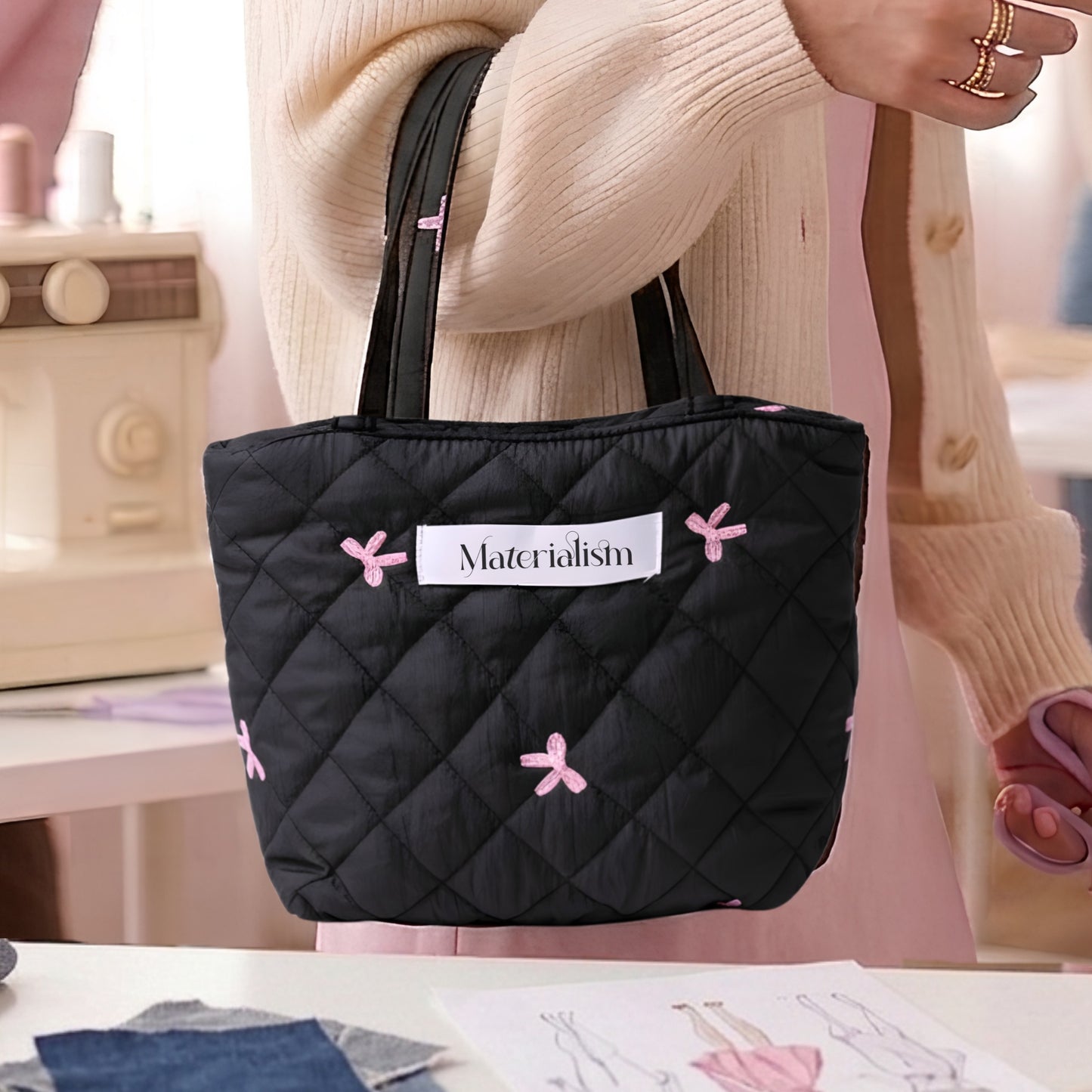 Bow-Embroidered Quilted Tote Bag