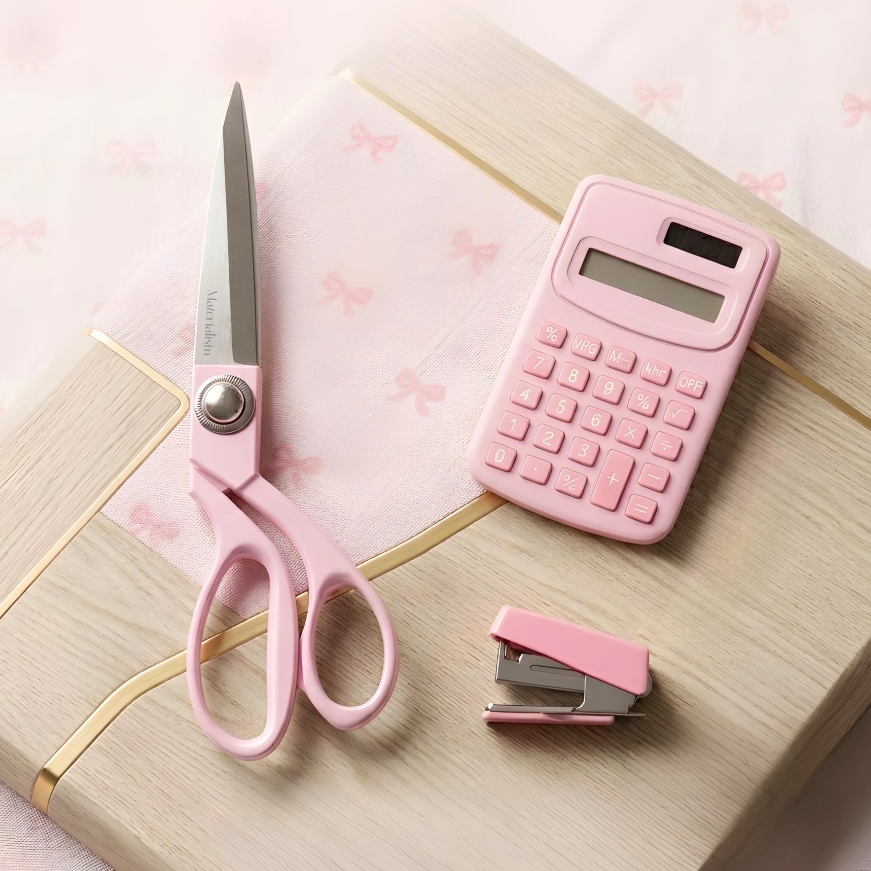 pink scissors and pink office supplies